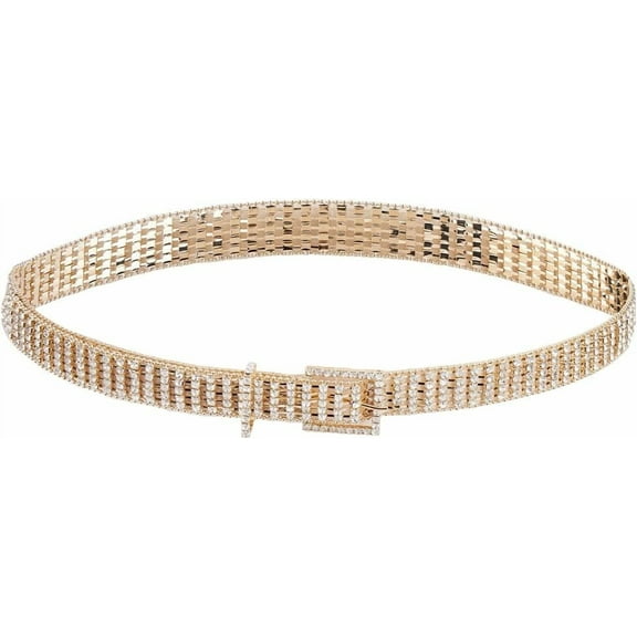 41.34 Inch Gold Rhinestone Waist Belt Glitter Full 5 Row Chain Square Buckle Metallic Alloy Sparkle Jewelry Wide Belts