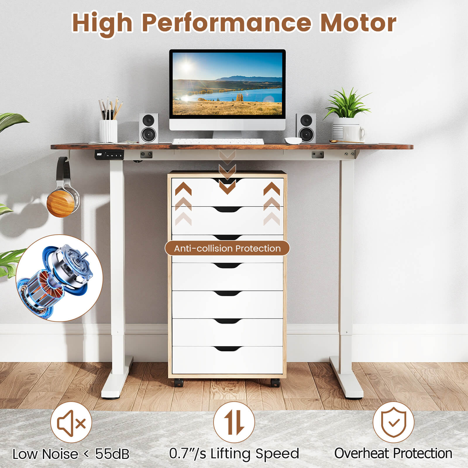 Costway 48” x 24” Electric Standing Desk with LED Display 2 Memory Height Settings for Home Rustic Brown+White