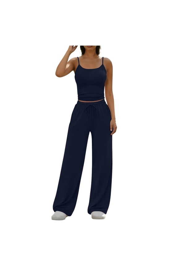 Women's Ribbed Solid Color Sling Top with High Waist Flare Leg Pants Set Adjustable Drawstring Comfortable Two Piece Outfit for Spring Summer Casual Wear(Navy,2XL)