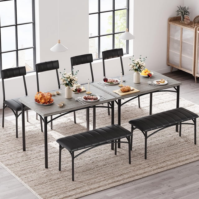 BeesClover Dining Table Set for 4, Kitchen Table and Chairs for 4, Rectangular Dining Room Table Set with Upholstered Bench for Small Space, Apartment, Dinner, Rustic Gray