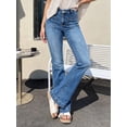thumbnail image 5 of Women's High Waisted Flare Denim Jeans with Front Patch Pockets and Wide Cuffed Hem, Medium Blue Washed Bootcut Long Pants, 5 of 7