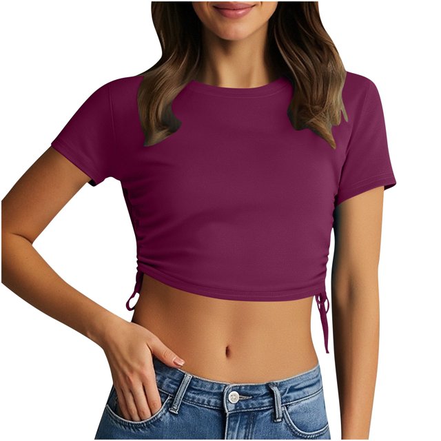 Camiseta de Manga Corta de las Mujeres Cuello Redondo Duro Dibujo Cuerda Color Sólido Casual, Top Ligero para el Día Y el Trabajo