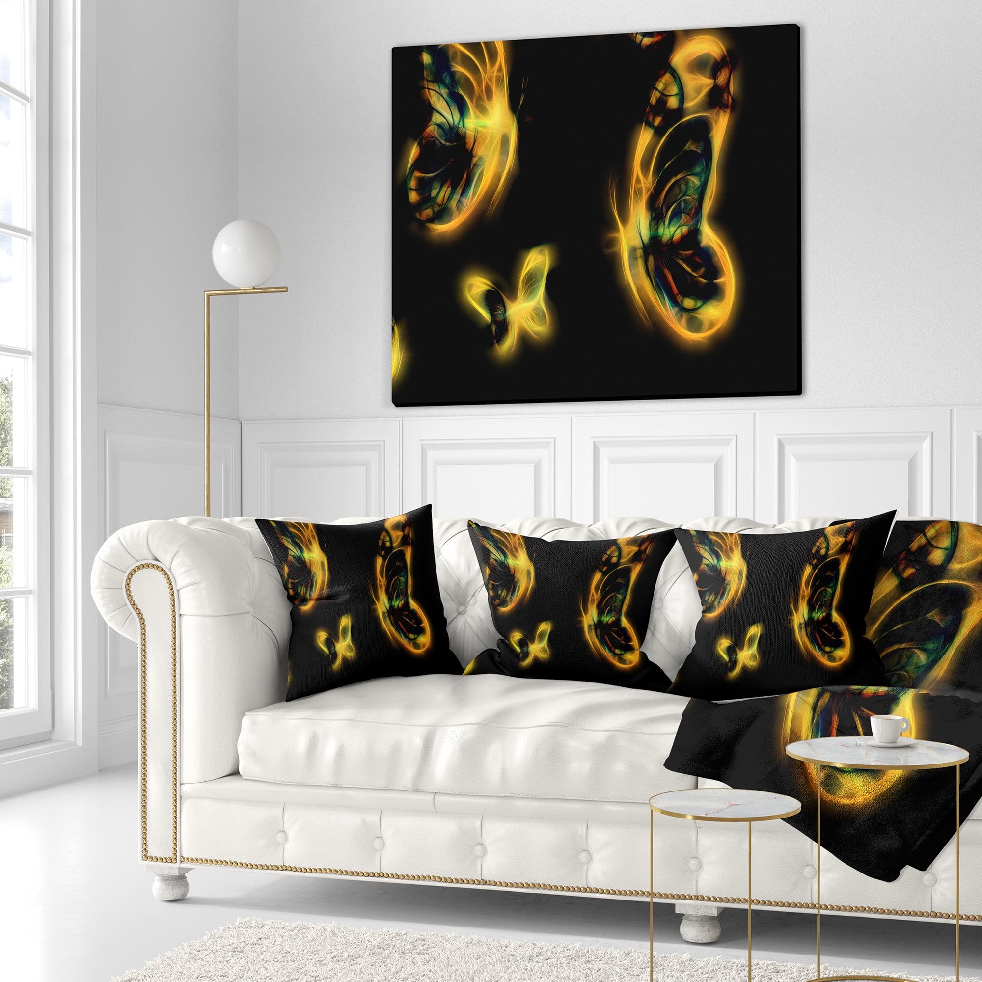 Designart Yellow Fractal Butterflies on Black - Floral Throw Pillow - 18x18