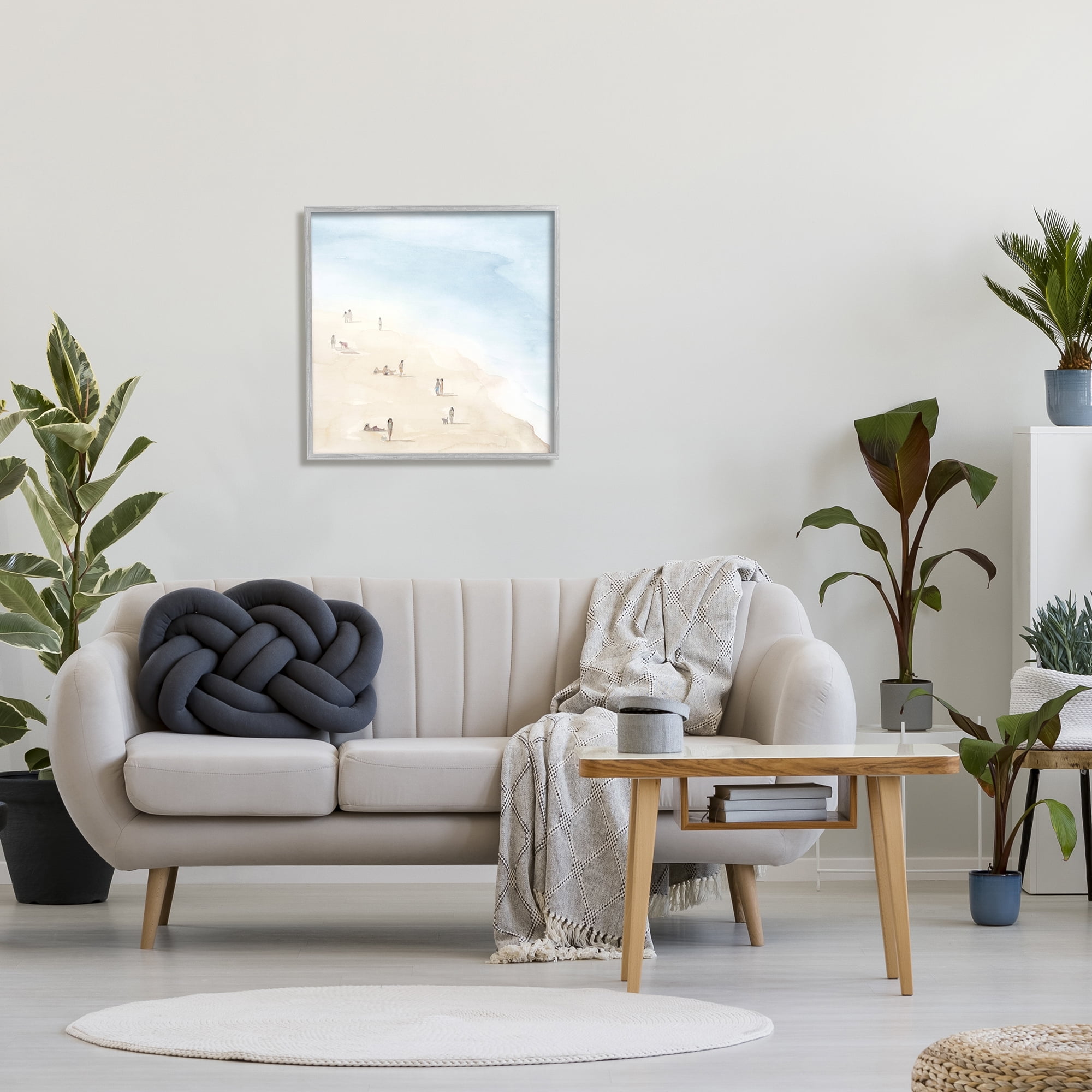 Stupell Industries People Lounging at Beach Soft Blue Coastal Landscape Coastal Painting Gray Framed Art Print Wall Art, 24 x 24, Design by Grace Popp