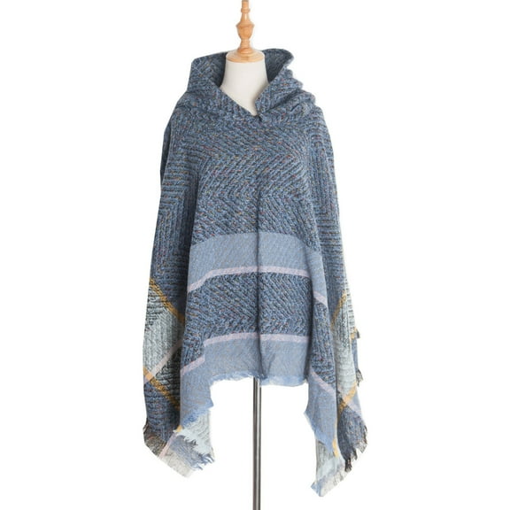 Rohuuque Women's Hooded Cape with Fringed Hem Herringbone Knit Hooded Poncho Pullover Cape Warm Winter Gothic Bohemian Style Shawl Blue