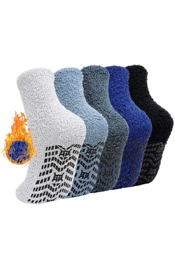 Fuzzy Socks 5 Pairs Slipper Socks for Men Soft Cozy Plush Fluffy Socks with Grips Non Slip Winter Warm Sock
