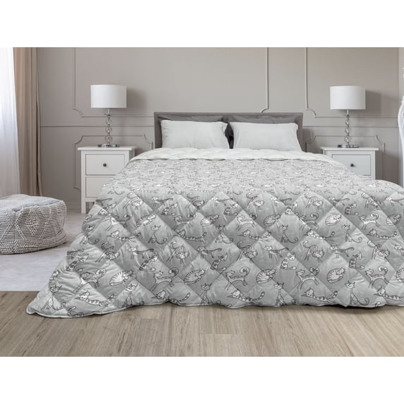 Grey Down Alternative Comforter, Puzzle-Like Pattern with Symmetric and Fractal Pieces in Smokey Tones Modern Illustration, Microfiber Quilt for All Season, 5 Sizes, White, by Ambesonne