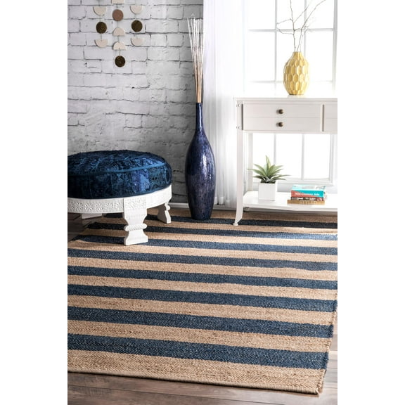 nuLOOM Alisia Flatweave Stripes Jute Area Rug, 4' x 6', Denim