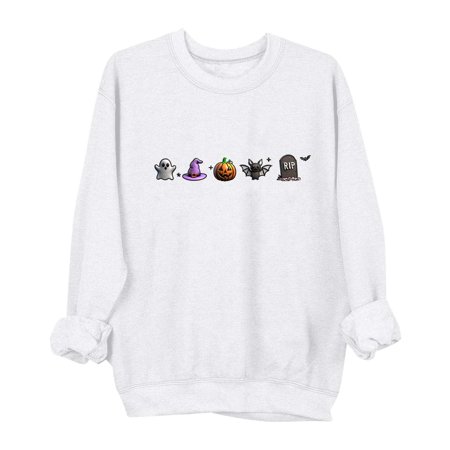 aohooy Halloween Tunic Tops Women 2025 Novelty Witch Pumpkin Ghost Bat Print Gothic Shirts Long Sleeve Crewneck Pullover White M