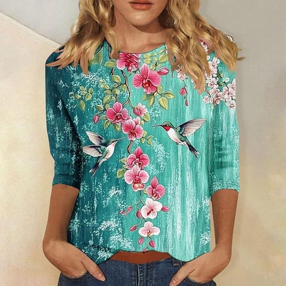Women Tshirts Gentle Floral Hummingbird Print 3/4 Sleeve Crewneck Top Outdoor Style Womens Tees