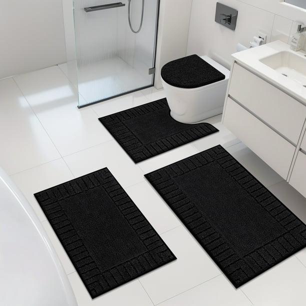 MeyJey Juego de 4 Tapetes de Baño, Tapetes de Baño, Tapete de Baño de Microfibra Antideslizante, Ultra Suave, con Contorno en Forma de U, Tapete de Baño para Baño, Ducha en el Suelo Interior, Negro
