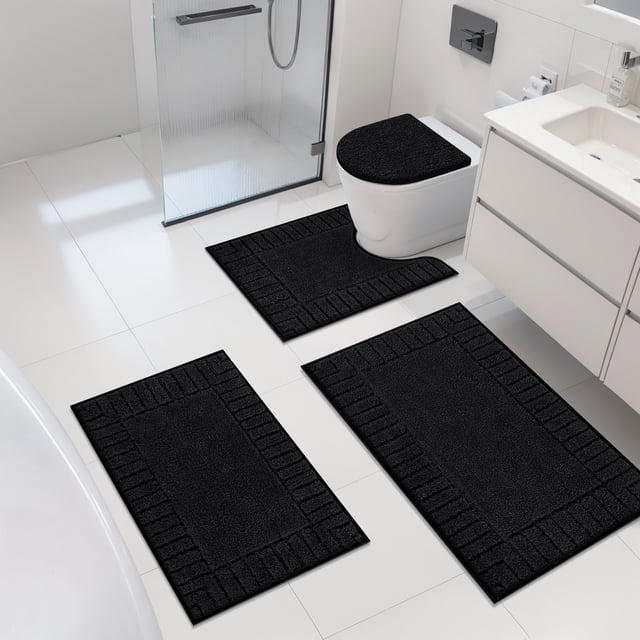 MeyJey Juego de 4 Tapetes de Baño, Tapetes de Baño, Tapete de Baño de Microfibra Antideslizante, Ultra Suave, con Contorno en Forma de U, Tapete de Baño para Baño, Ducha en el Suelo Interior, Negro