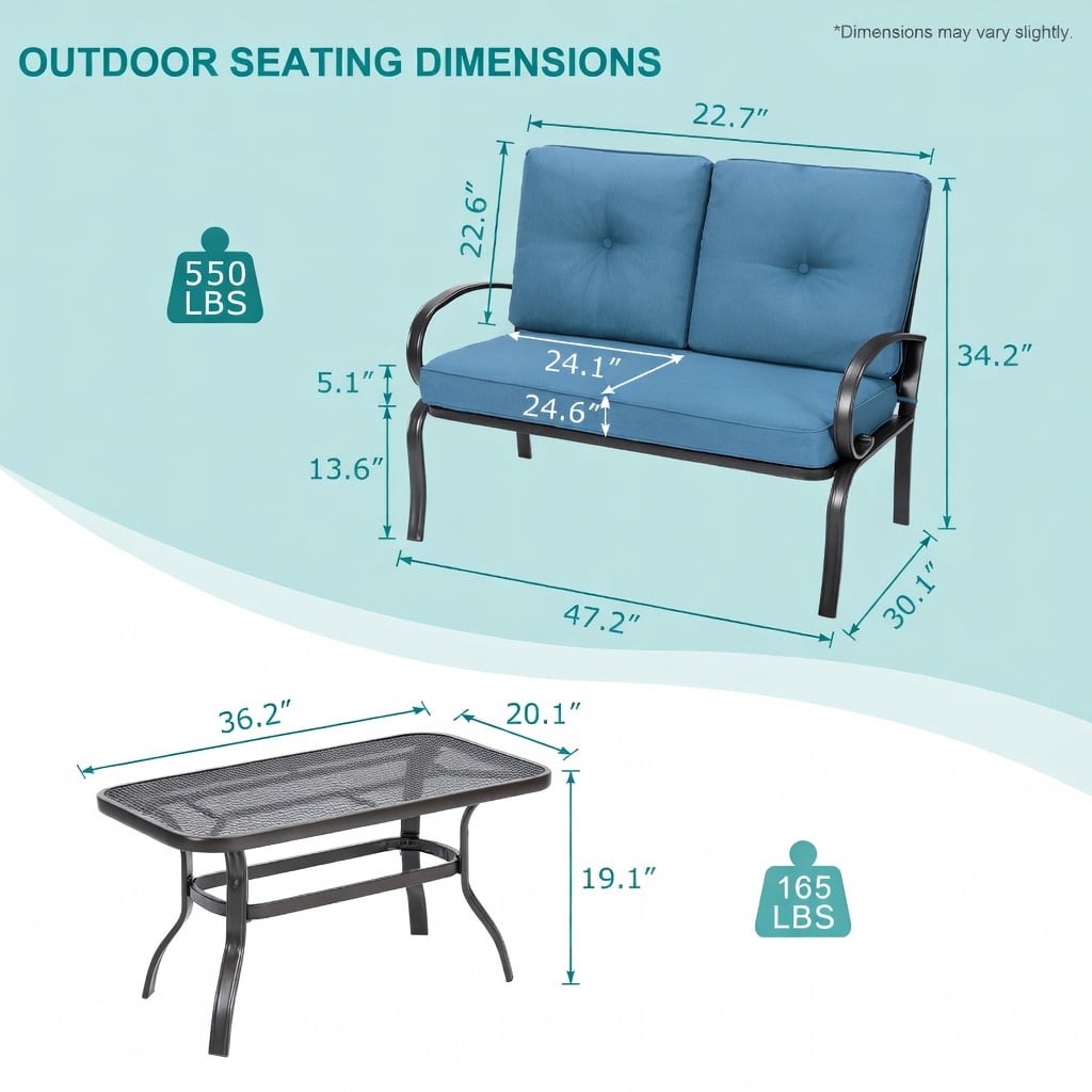 Hommoo 2-Piece Outdoor Patio Furniture Set, Cushioned Steel Loveseat & Coffee Table in Weather-Resistant, Easy-Clean Olefin Fabric, Navy