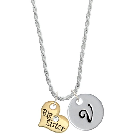 Delight Jewelry Goldtone Large Big Sister Heart with Clear Crystal - Silvertone Script Initial Disc - V - Charm Necklace, 20"+3"