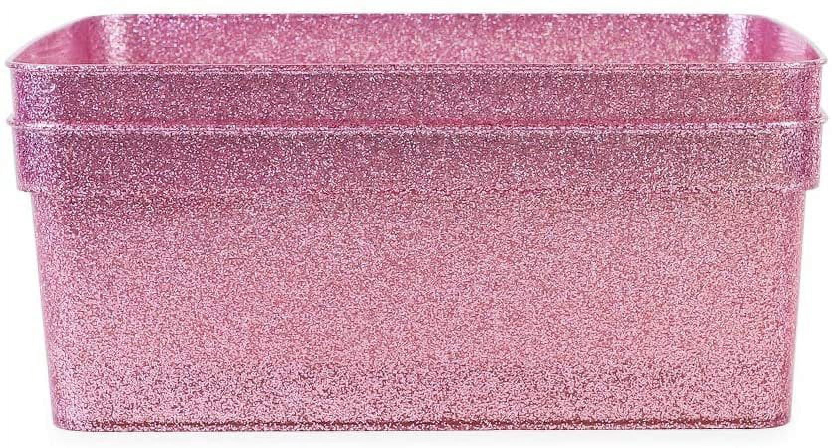 Isaac Jacobs Medium Glitter Storage Bin 14 x 11.5 x 5.5 Set w/Cut-Out Handles, Plastic Organizer, Multi-Functional, Home Storage Solution, Kids Playroom, Bedroom, Closet 2, Pink