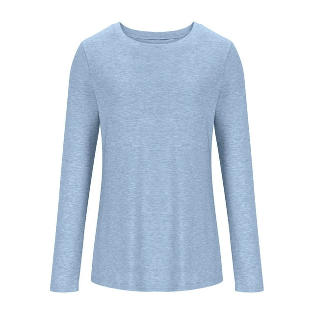 Lmnyox Chandails à Manches Longues pour Femmes Mode Col Rond T-Shirt Basique Automne Décontracté Couleur Unie Chandails