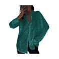 thumbnail image 3 of Women'S Sequins Long Sleeve Collared Shirt Button Down Open Front Shirt Loose Blouses Shirst Tops Dark Green S, 3 of 8