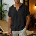 thumbnail image 5 of Klisyaur Men's Cotton Linen Shirt Short Sleeve V Neck Casual Lightweight Breathable Tee for Summer Beach, 5 of 5