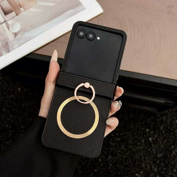 For Motorola Razr 2024/Razr 60 Phone Case,Compatible with Mag-Safe,With 360°Rotatable Diamond Finger Ring Kickstand,Hinge Protection,PU Leather Shockproof Ultra Slim Durable Phone Case,Black