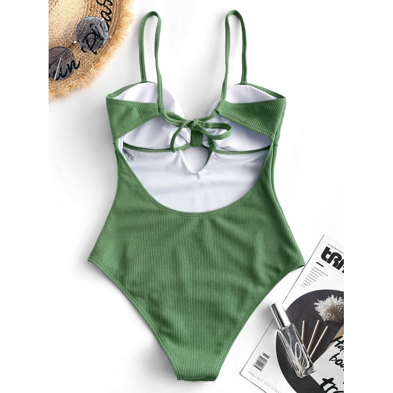 ZAFUL for Women Ribbed Keyhole Knotted Swimsuit Light Green S