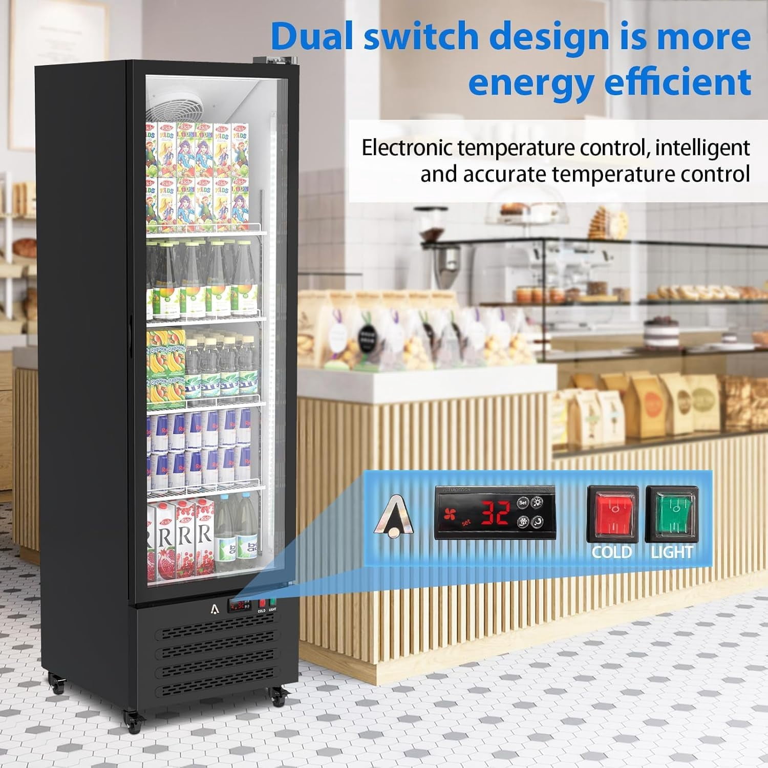 IdealHouse Commercial Beverage Refrigerator, 11.6 Cu. Ft. Upright Beverage Display Refrigerator with Double-Layer Glass Door and Adjustable Shelves, Freezer Beverage Cooler