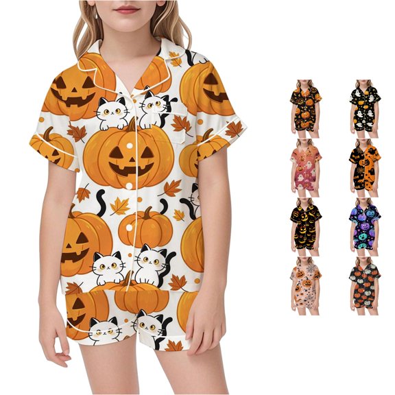 JAJAHO Halloween Kids Pajamas Set Boy Girl Pumpkin Ghost Pajama Short Sleeve Button 2 Piece Pjs 3-14Y