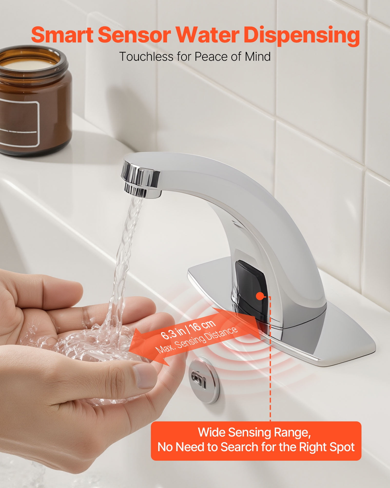 VEVOR Touchless Bathroom Sink Faucet, Automatic Motion Sensor Restroom Toilet Faucet with Hole Cover Plate, Battery Operated,Hot/Cold Water for 9/16 in Pipe Commercial Lavatory,Chrome Plated Silver