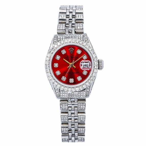 Pre-Owned Rolex Datejust 26MM 6916 Red Diamond Dial Diamond Bezel Stainless Steel Full Diamond Jubilee Bracelet