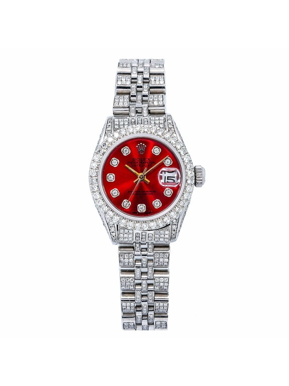 Pre-Owned Rolex Datejust 26MM 6916 Red Diamond Dial Diamond Bezel Stainless Steel Full Diamond Jubilee Bracelet