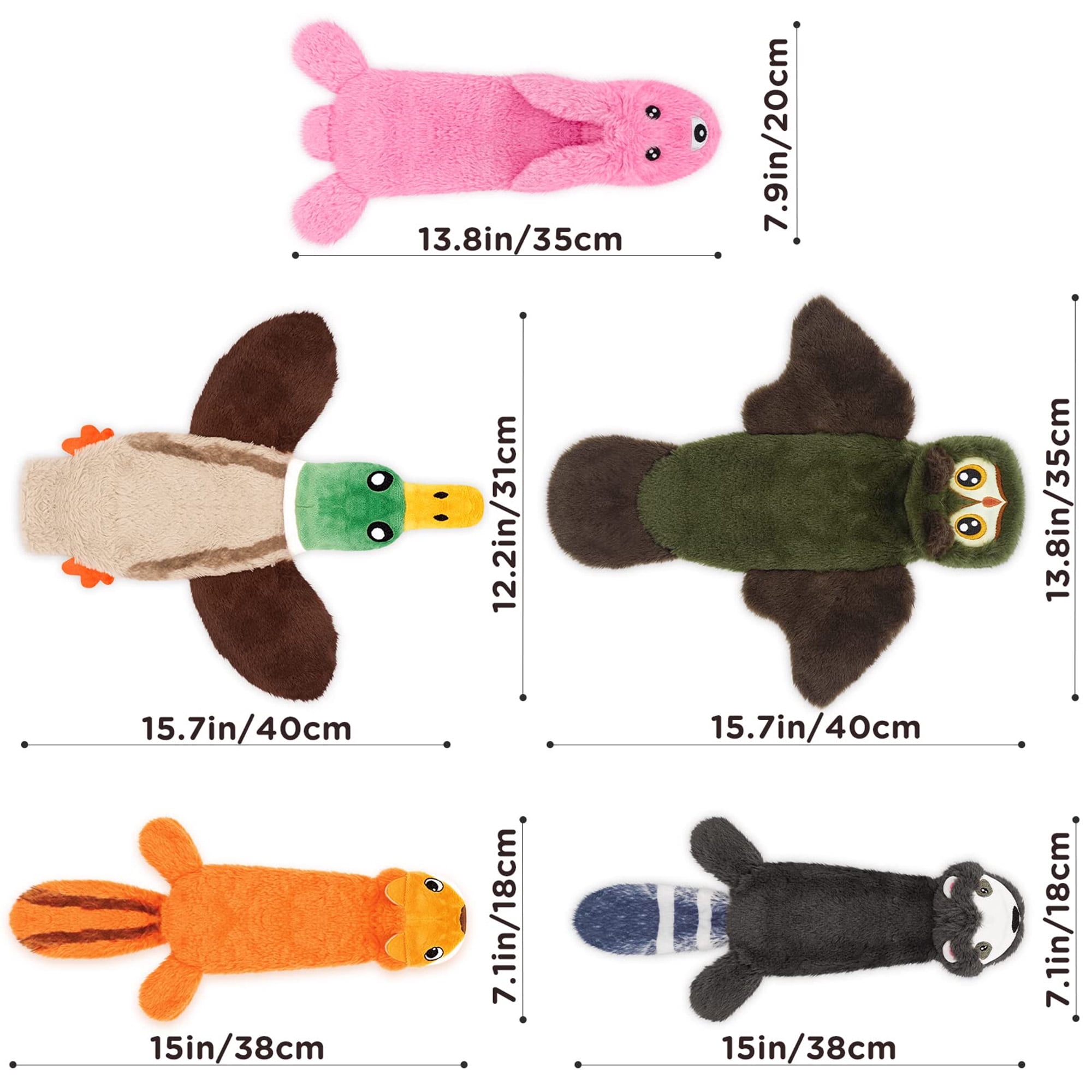 Durable plush chew toys for all dog sizes, no stuffing. Fun animal shapes with crinkle & squeak features. Teething relief & interactive play. Multicolor.