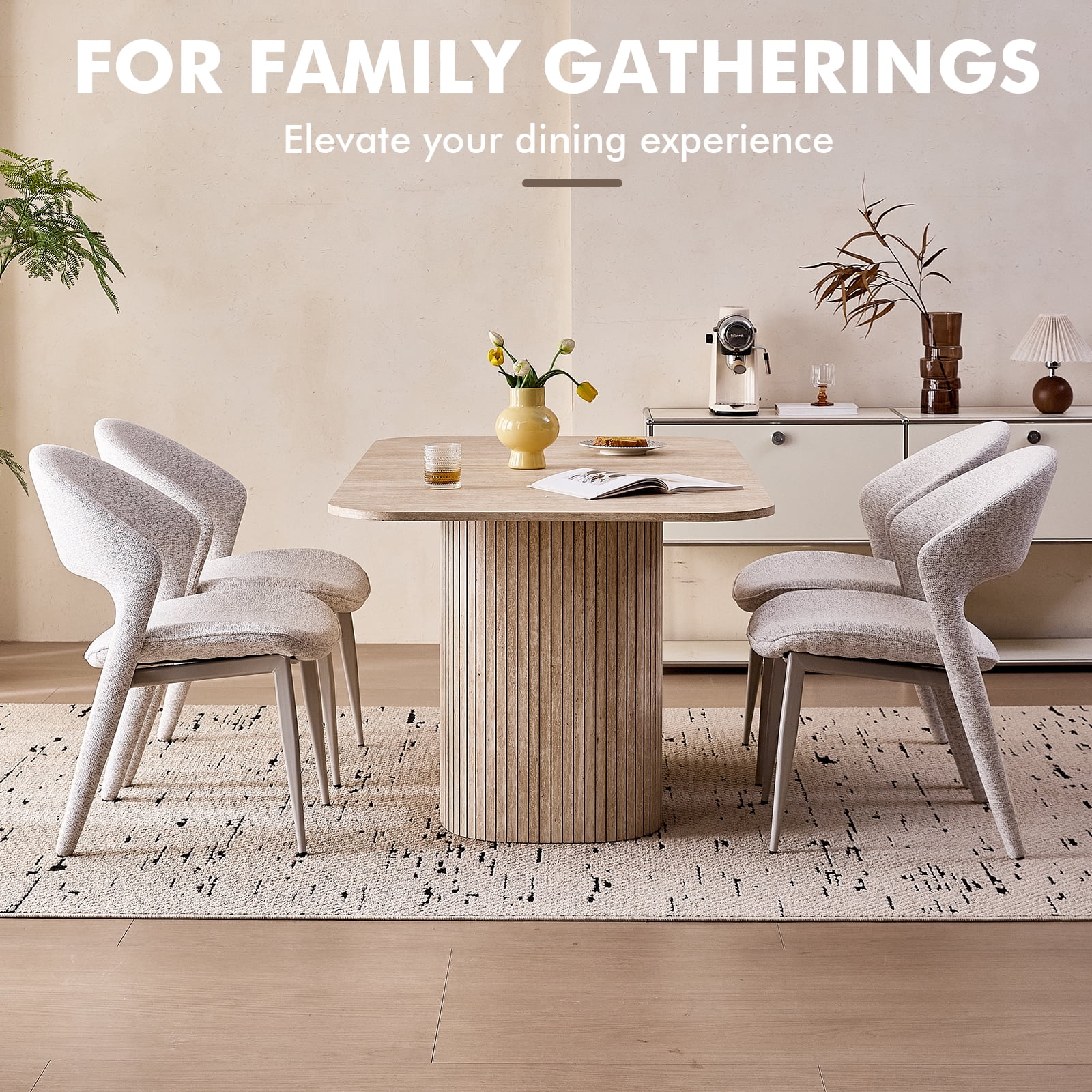63" Dining Table for 4 Person, [Rounded Corners] [Striped Pedestal Base] Farmhouse Modern Rectangle Kitchen Dinner Table, Beige