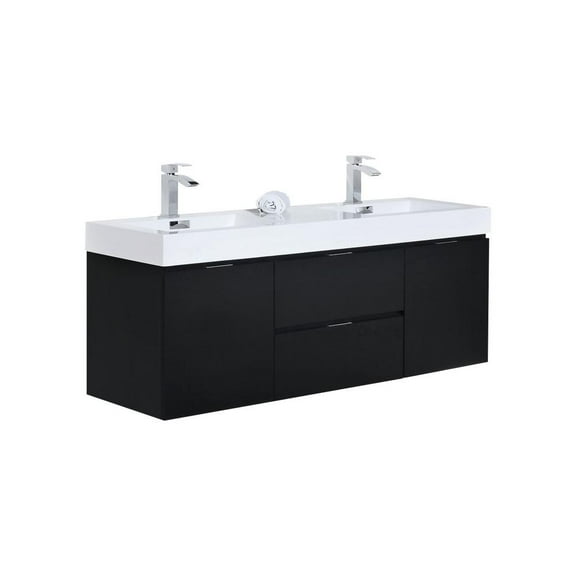 Kubebath Bliss 60" Double  Sink Black Wall Mount Modern Bathroom Vanity