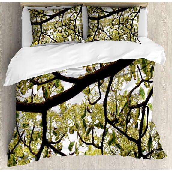 Tree Duvet Cover Set Queen Size, Spring Season Blossoming Leaves and Branches Illustration Detailed Nature Photography, Decorative 3 Piece Bedding Set with 2 Pillow Shams, Brown Green, by Ambesonne