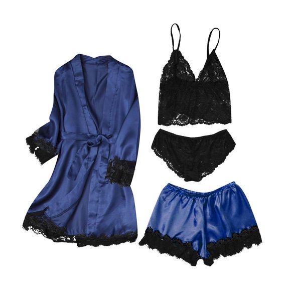 Women' Silk Satin Pajamas Set 4pcs Lingerie Floral Lace Cami Sleepwear With Robe Pure Color Stitching Home Pajamas Set