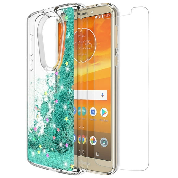 Moto G6 Play Case, Moto G6 Forge Case With Tempered Glass Screen Protector, KAESAR Quicksand Glitter Sparkly Bling Liquid TPU Bumper Protective Cover for Moto G6 Play / Forge (Teal)