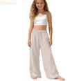thumbnail image 2 of LYHaoo Girls Linen Pants Summer Casual Wide Leg Elastic Waist Drawstring Long Pants Kids Back to School Outfits(Beige), 2 of 2
