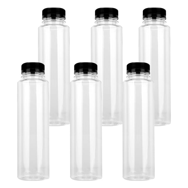 FELTECHELECTR 6 botellas de plástico de grado alimenticio de 360 ml para bebidas, vacías, con tapas negras, transparentes.