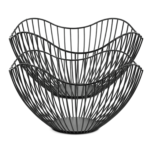 Fruit Basket for Kitchen Counter, Mordern Black Metal Wire Produce Bowl for Fruit Vegetable Bread Decorative Stand Serving Bowls(2pc)