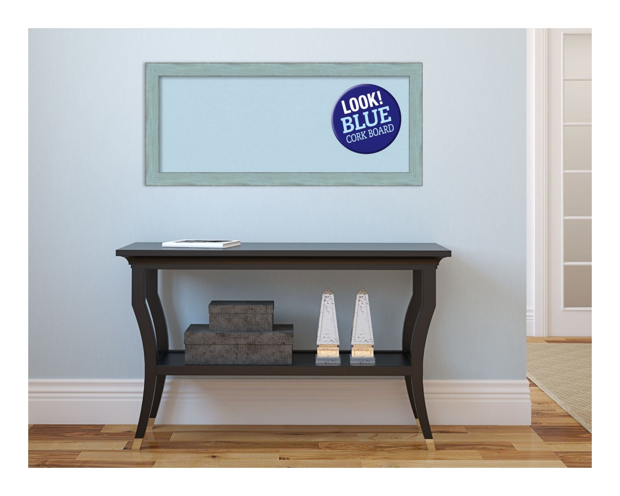 Amanti Art Natural Cork Board Wood Framed Sky Blue Rustic Bulletin Board 32 in. x 14 in.