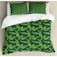 thumbnail image 1 of Leaves Duvet Cover Set Queen Size, Tribal Aztec Backdrop with Sketched Spiky Palm Tree Leaves, Decorative 3 Piece Bedding Set with 2 Pillow Shams, Yellow Green Jade Green Dark Teal, by Ambesonne, 1 of 3
