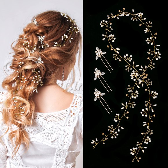 Nljihkure Accesorios para el cabello de novia, boda, cristal, perlas y cuentas extra largas, diadema nupcial, piezas para mujeres y niñas (dorado)