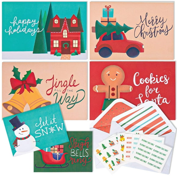 Christmas Cards - 36 Blank Greeting Cards with Envelopes and Christmas Stickers for Sealing. Assorted Holiday Cards Stationary Set. 4x6” Boxed Greeting Cards - Merry Xmas (Horizontal)