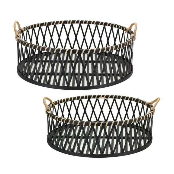 Melrose Woven Bamboo Trays with Rattan Handle - 18.75" - Black and Tan - Set of 2