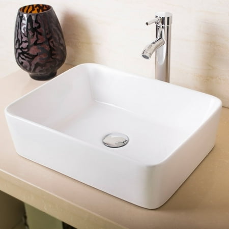 Ainfox Bathroom White Rectangle Porcelain Ceramic Vessel Vanity Sink Art Basin with Chrome Faucet and Pop up Drain