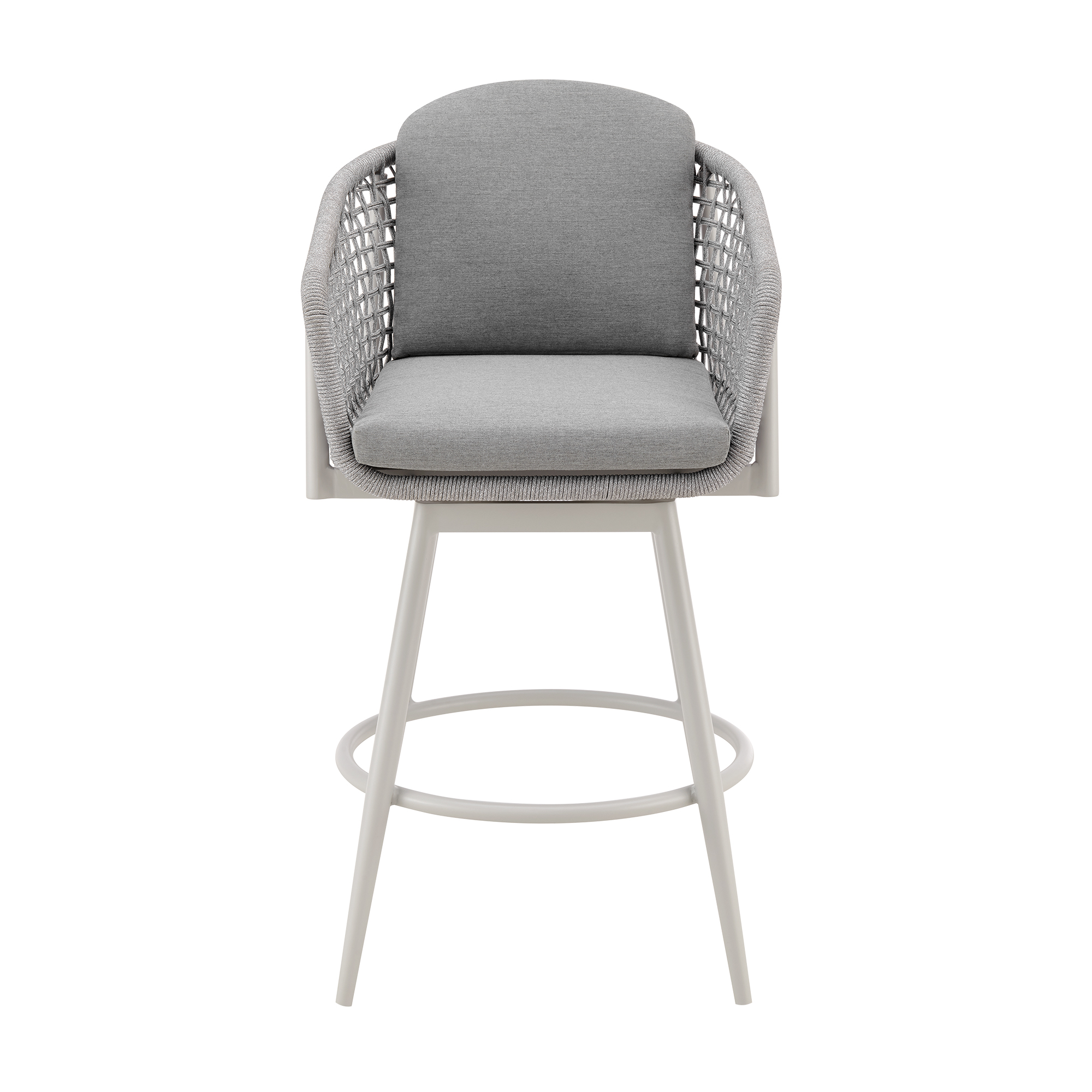 Rhodes Outdoor Patio Swivel Counter Stool in Aluminum with Light Gray Rope and Cushions - Set of 3