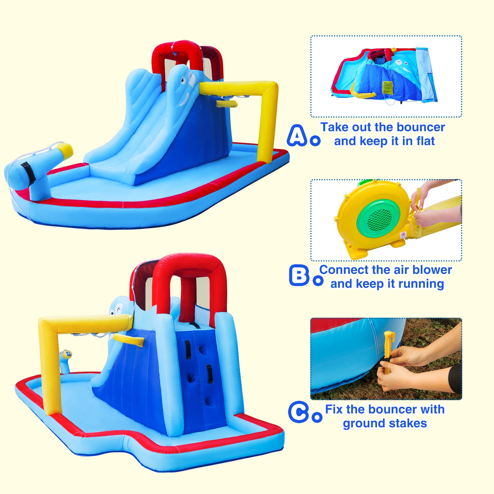 JOYLDIAS Kids Inflatable Water Slide Bouncer Playhouse Castle with 3 Water Guns, Splash Pool, Climbing Wall, Basketball Hoop, Bag, Air Blower
