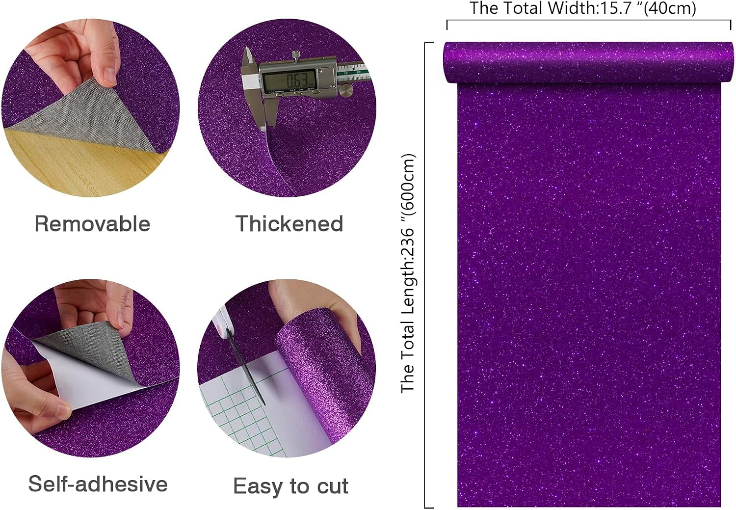 15.7''x236'' Dark Purple Glitter Contact Paper Peel and Stick for Bedroom Walls Self Adhesive Sparkle Glitter Wallpaper Decorative Removable Purple Wallpaper Fabric Roll for Cabinet Shelf Liner