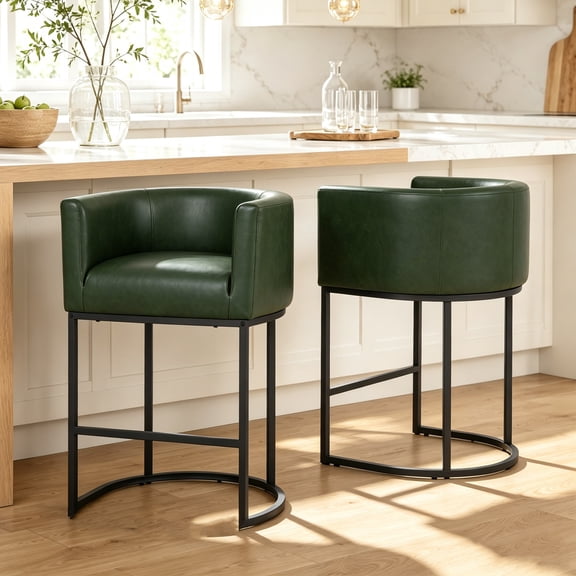 ClinQ 26" Counter Height Bar Stools Set of 2, PU Leather Barrel Bar Chairs with Back and Arms for Kitchen Island, Darkgreen