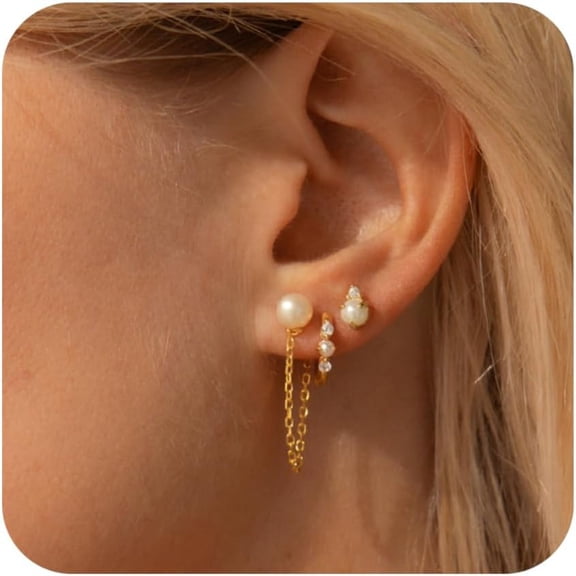 Pearl Earrings for Women,Dainty Gold Pearl Earrings 14K Gold Plated Stud Earrings Hypoallergenic Small Hoop Earrings for Women Trendy Dangle Earrings Simple Pearl Drop Earrings Gold Jewelry