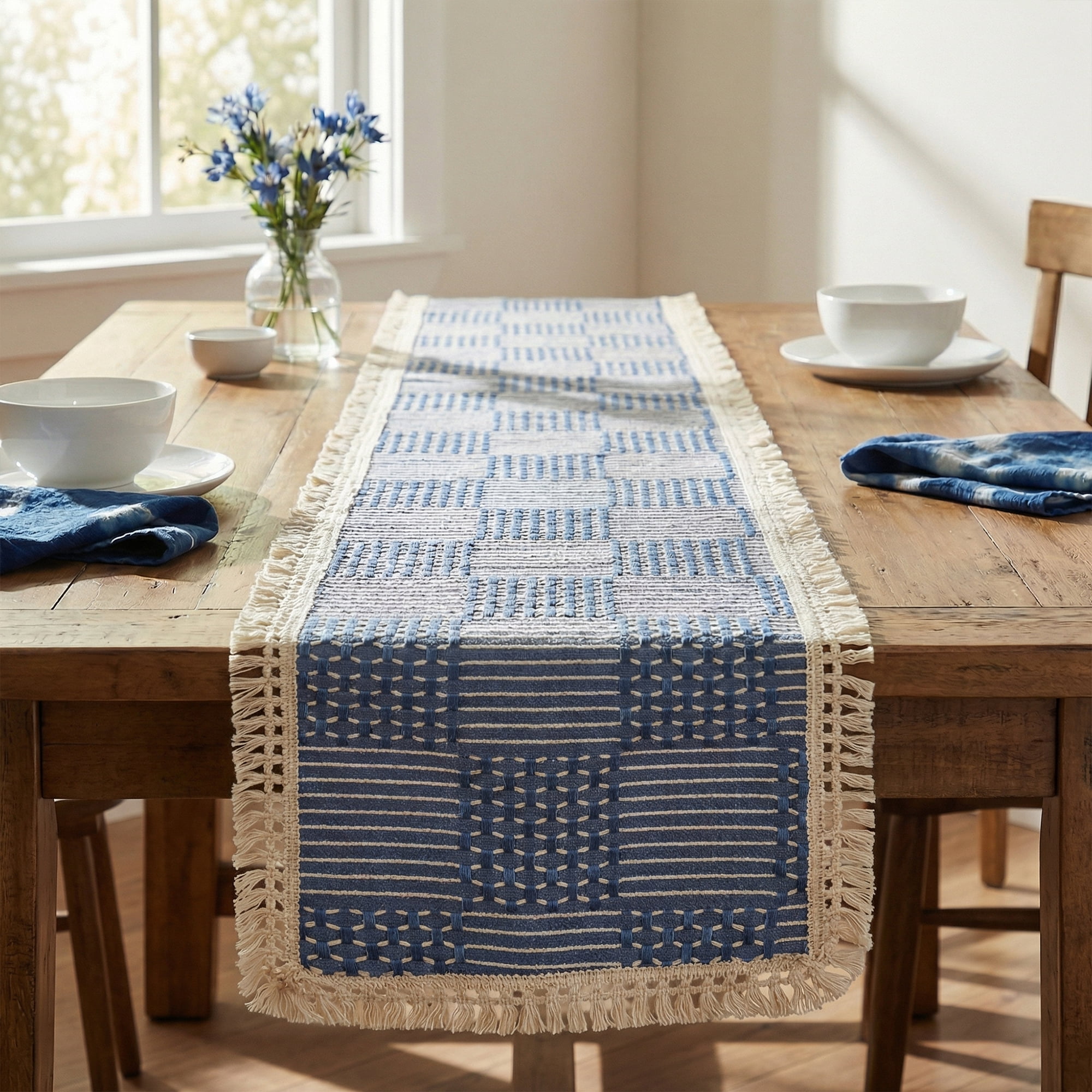 Unique Bargains Birthday Decorations Tassel Kitchen Table Runner Navy Blue 13x70.9in